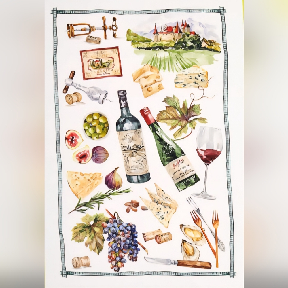 Red Wine and Cheese Illustrated Tea Towel
